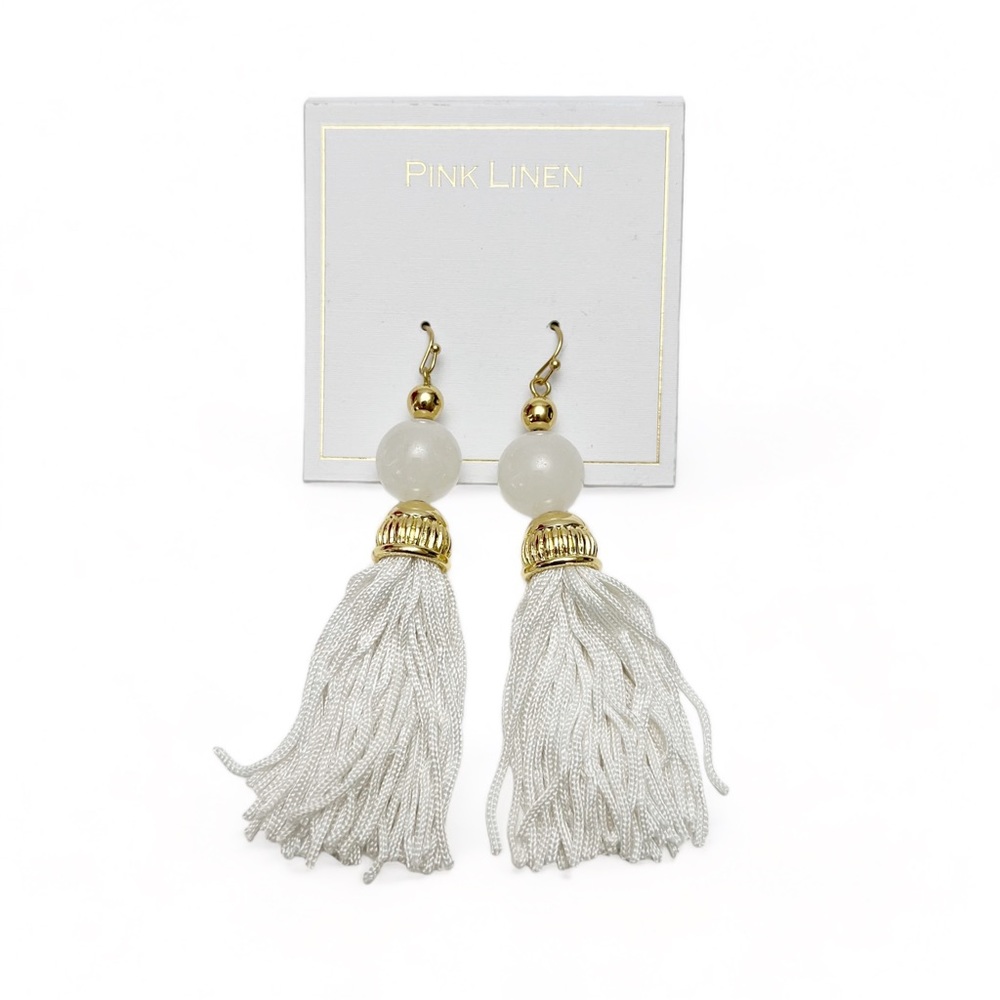 Pink Linen White Polished Stone Tassel Dangle Drop Earrings NEW